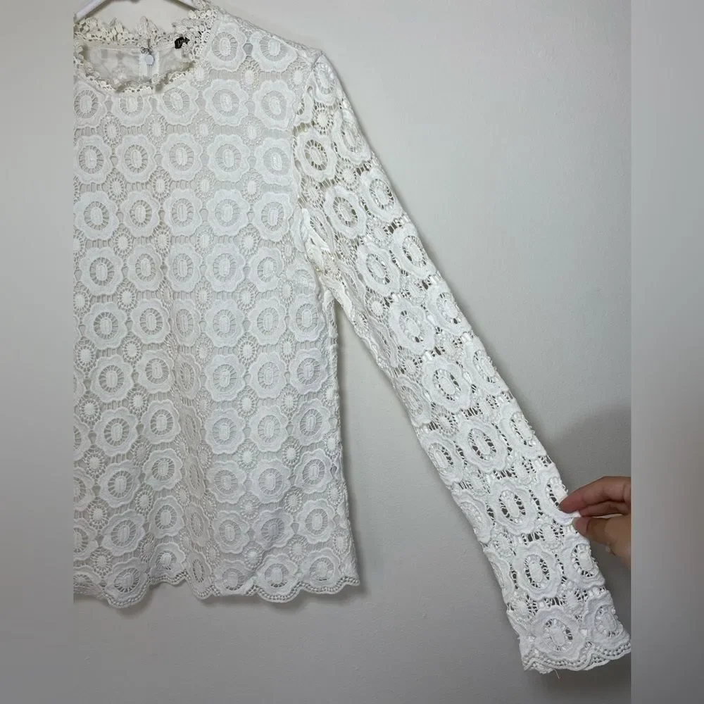 J. McLaughlin Loni Floral Eyelet Crochet Long Sleeve Blouse White Sz XS - Picture 7 of 11